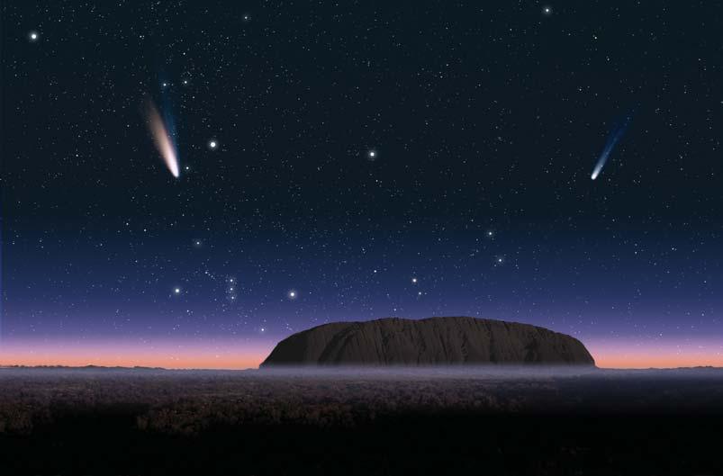 這是5月20日黃昏兩顆彗星同時出現在澳洲艾爾斯岩上的假想圖，左邊的是麗妮爾彗星，右邊的是尼特彗星。在艾爾斯岩左邊的地平線上可以清楚看見獵戶星座。影像來源/ 沼澤茂美