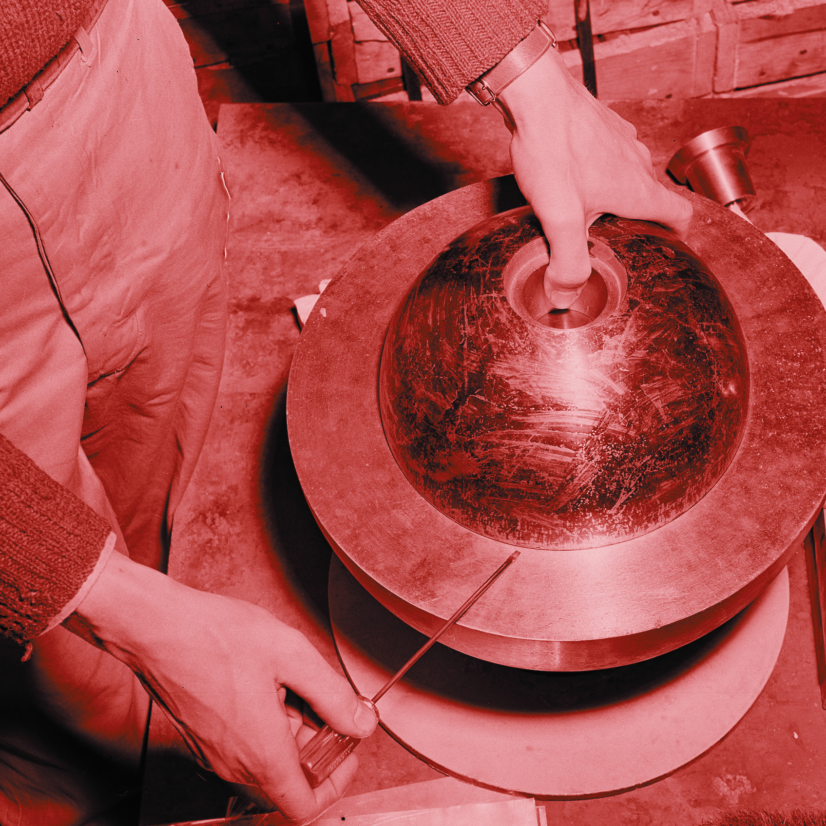 A mockup of a plutonium pit is shown at Los Alamos National Laboratory in the 1940s, where Manhattan Project scientists were developing the first nuclear weapons. (Los Alamos National Laboratory)  