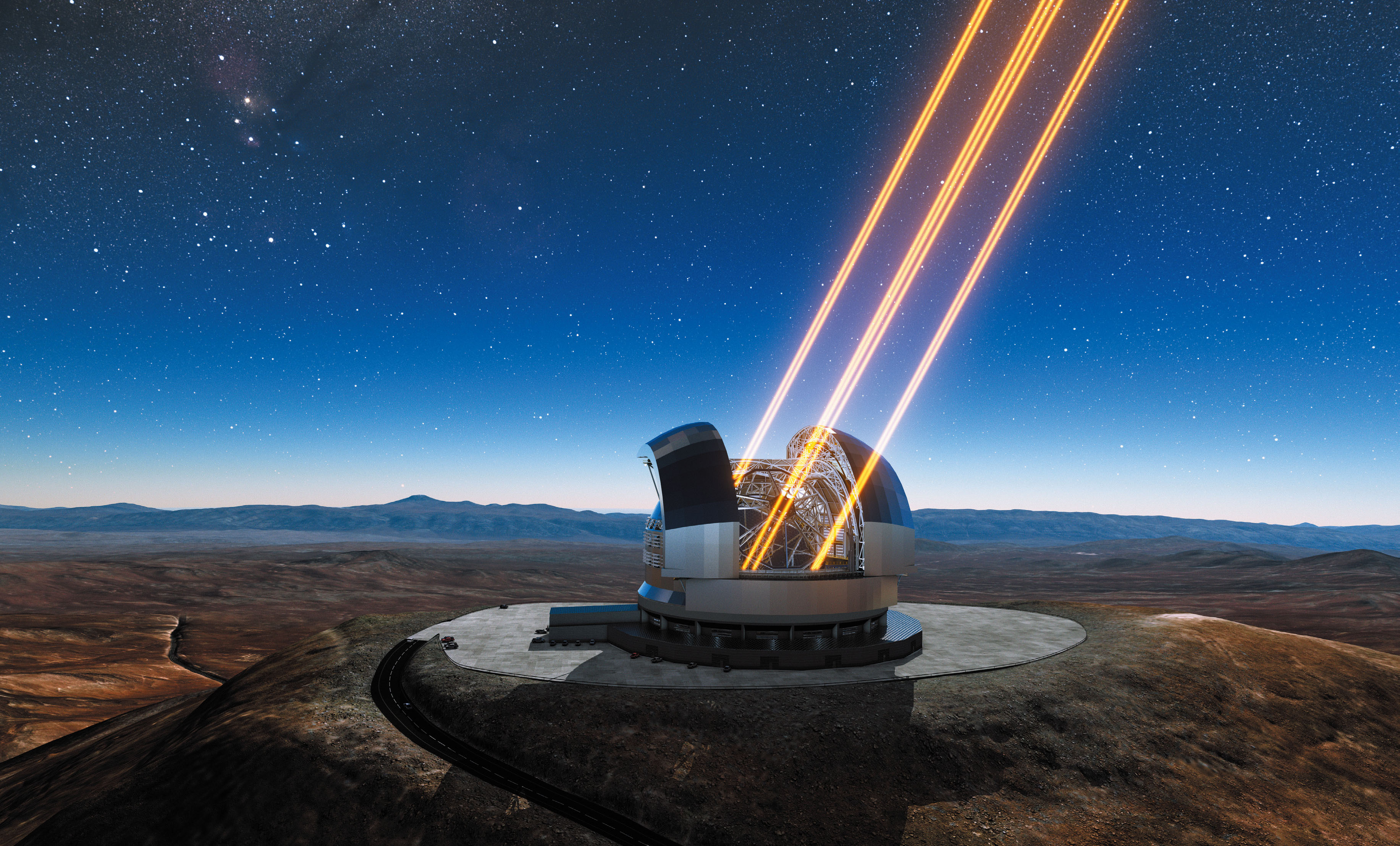 This artist’s rendering shows the Extremely Large Telescope in operation on Cerro Armazones in northern Chile. The telescope will use lasers to create artificial stars high in the atmosphere. (credit: ESO/L. Calçada (CC by 4.0))