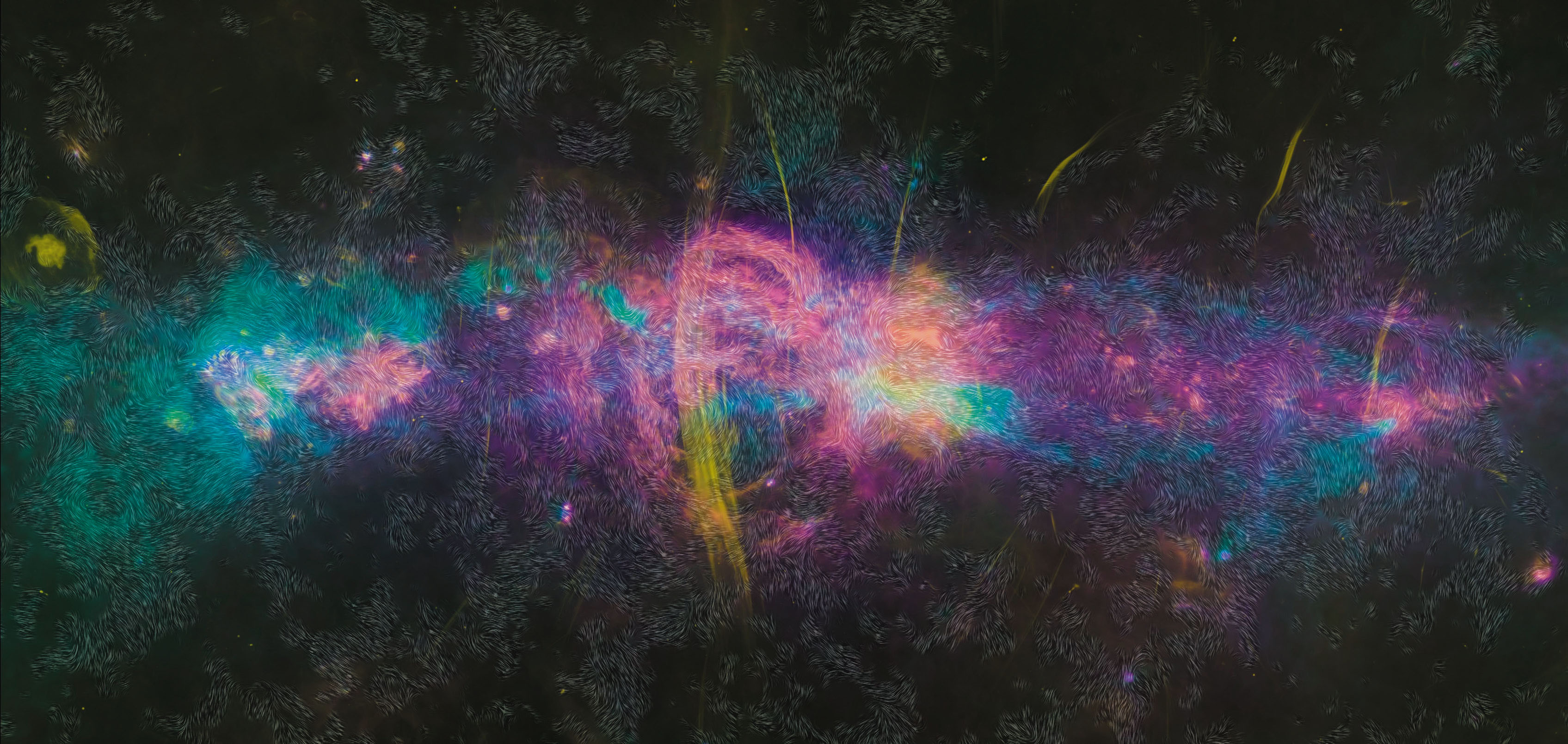 credit: D. Paré, K. Karpovich and D. Chuss/Villanova University (PI); Three-color background image also uses data from European Space Agency (ESA), Herschel Space Observatory and South African Radio Astronomy Observatory (SARAO) and MeerKAT Radio Telescope