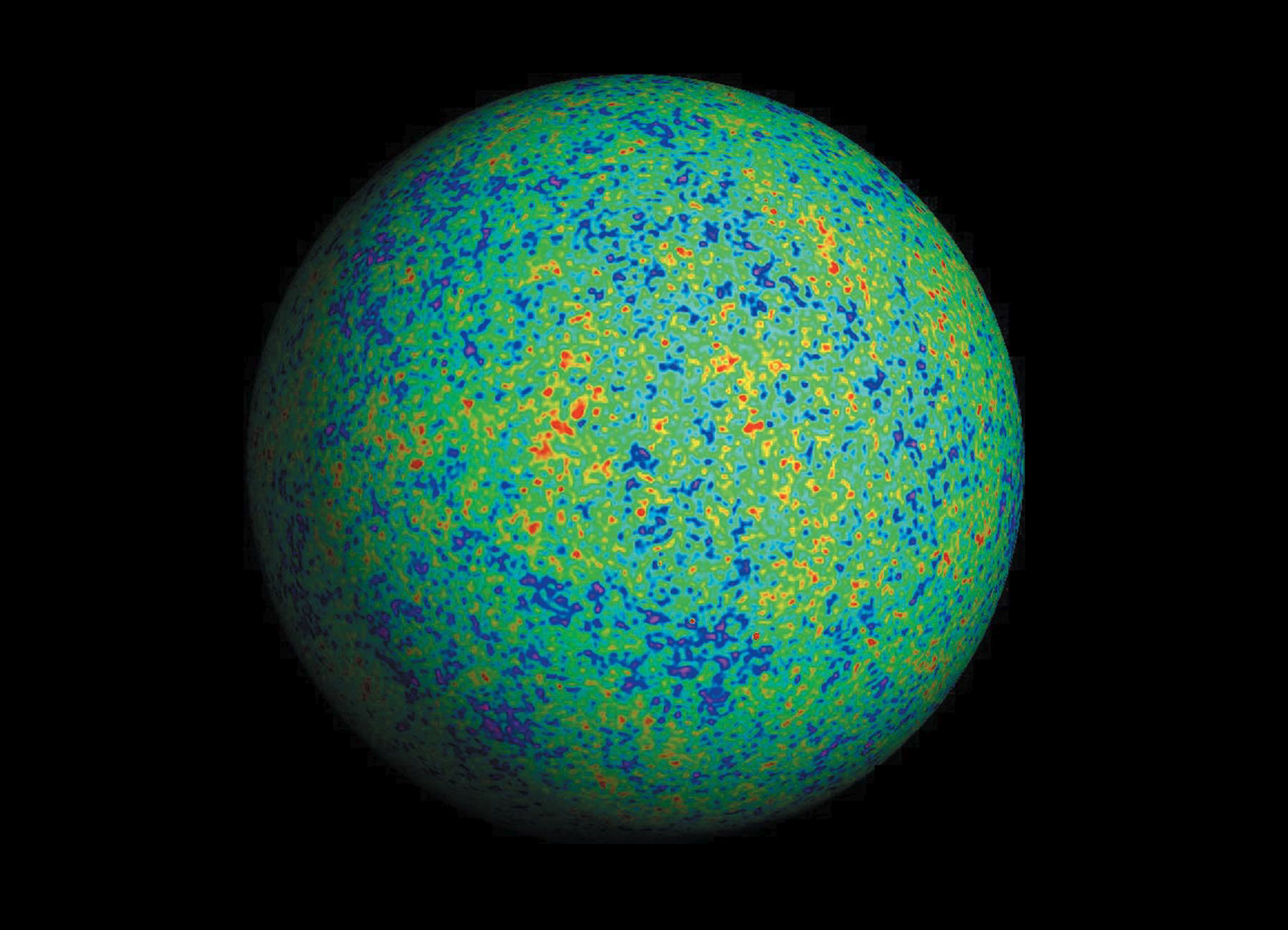 威金森微波異向性探測器（簡稱WMAP衛星）所拍的宇宙38萬歲時的快照。地球位於此天球的中心；紅色代表較高溫的區域，藍色則是較低溫的區域。影像來源/ NASA/WMAP SCIENCE TEAM