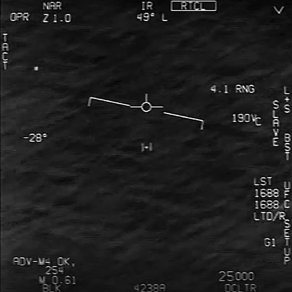 A GOFAST video still shows a U.S. Navy F/A-18 jet crew's encounter with an unexplained anomalous phenomenon, or UAP. (The appearance of U.S. Department of Defense visual information does not imply or constitute an endorsement.) (credit: U.S. Department of Defense)
