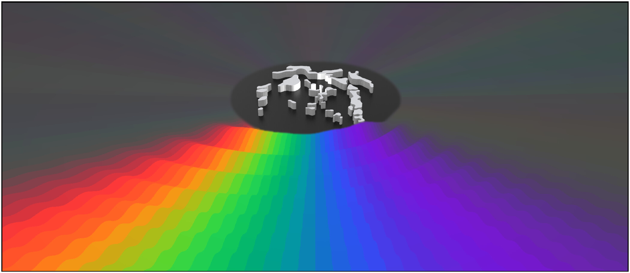 這張圖片展示出「聲波稜鏡」將白噪音以不同波長分離出不同頻率的聲波，並朝各自不同方向傳播的效應。圖片來源： Science Advances (2025)。 DOI：10.1126/sciadv.ads7497