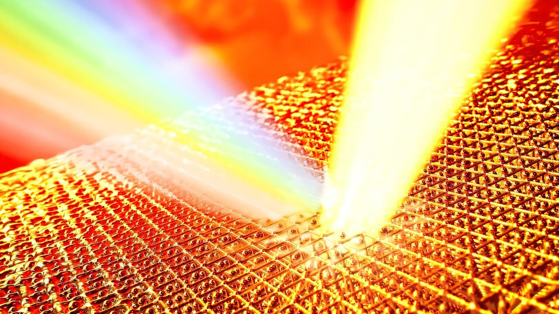 研究人員在 SLAC 國家加速器實驗室的極端物質條件（MEC）儀器上，利用雷射將金樣本加熱至極高溫。接著，他們使用來自線性加速器相干光源（LCLS）的一束超高亮度 X 光脈衝穿透樣本，藉此測量樣本中原子的震動速度，進而推算其溫度。｜影像來源：Greg Stewart/SLAC National Accelerator Laboratory