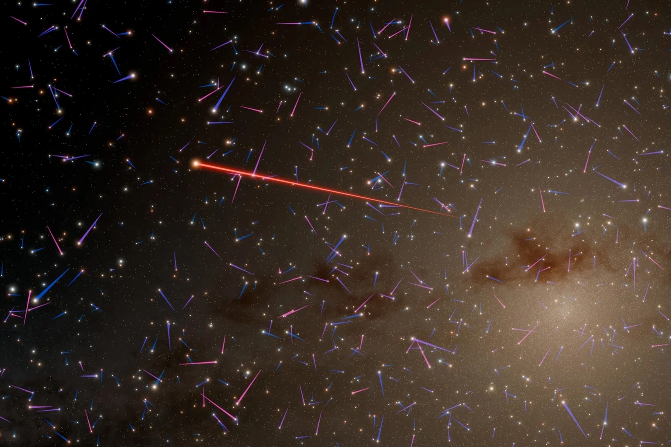 這幅影像顯示，一顆超高速恆星劃過天際，周圍是移動較慢的其他恆星。｜NASA/JPL-Caltech/R. Hurt/Caltech-IPAC