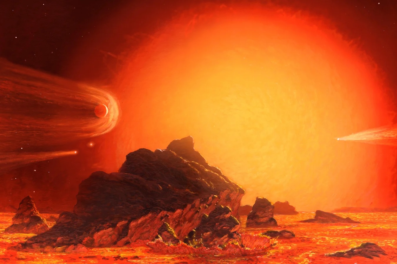 An artist's impression of our far-future sun is seen from a molten Earth landscape. ｜Chris Butler/Science Source