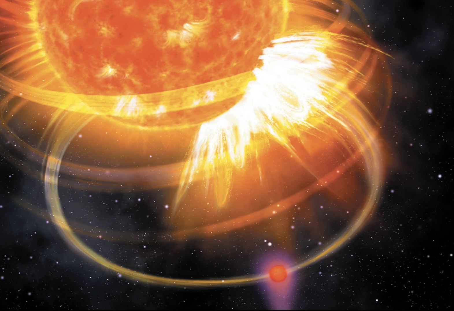 自取滅亡：行星HIP 67522 b觸發母恆星產生閃焰，此為畫家的想像圖。｜Danielle Futselaar (www.artsource.nl)