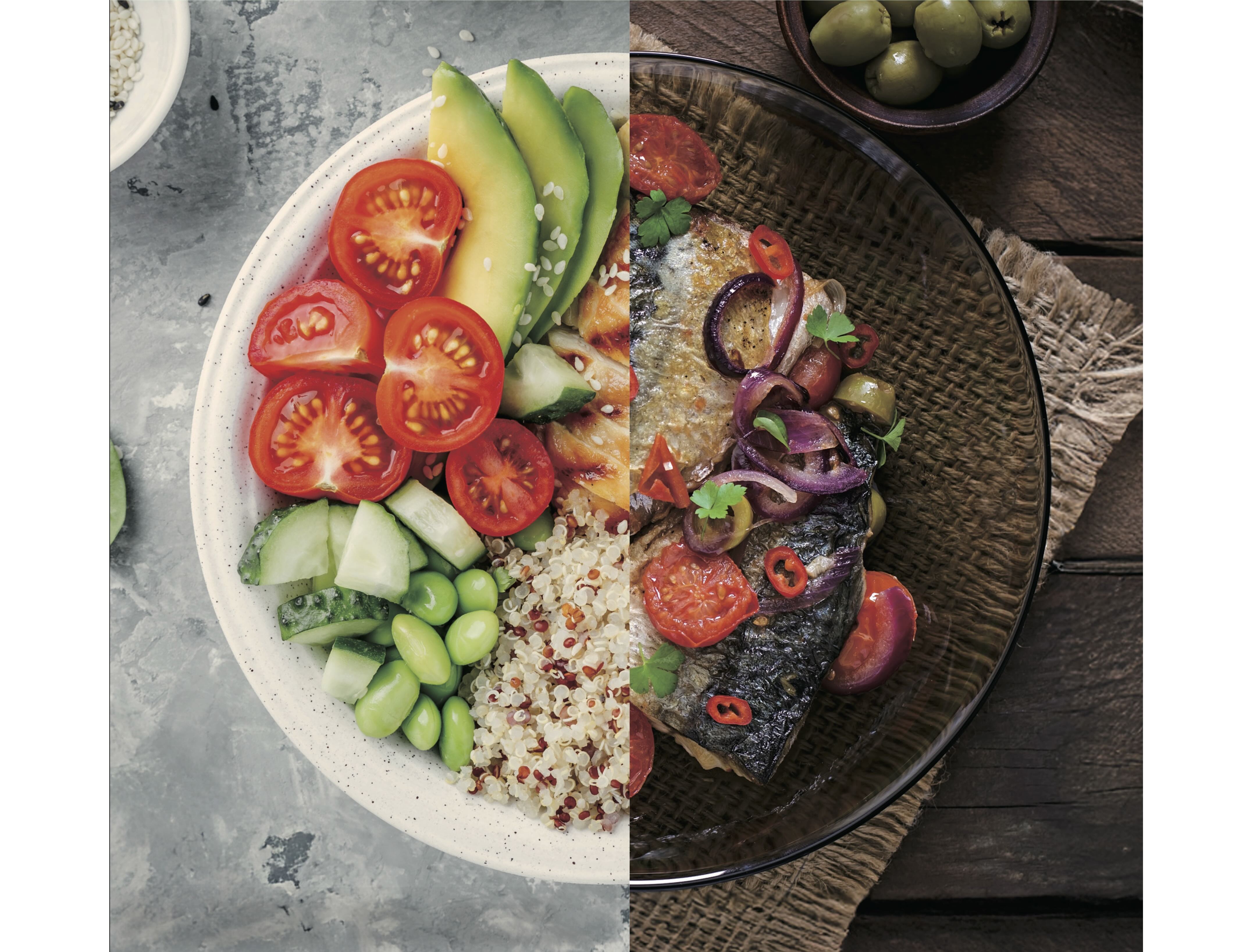 美味上桌：地中海飲食以魚類、蔬果為核心，兼顧文化與健康。照片左側呈現蔬果與全穀食材，右側呈現魚類作為優質蛋白質來源。｜iStock（蔬果與全穀食材）、shutterstock