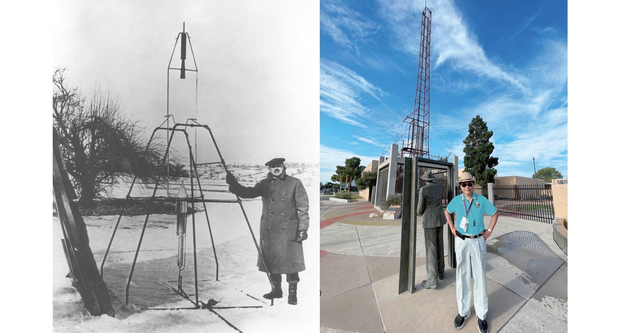 麻州奧本郊外遍地積雪，哥達德扶著他最初設計的火箭發射架（左圖）。科普學遊來到新墨西哥州羅斯威爾鎮，除了探索鎮上的外星人蹤跡，師生會來到哥達德銅像前致敬並合影，銅像正前方就是當年他使用過的發射架（右圖）。｜維基百科（左圖）、莊美鈴（右圖）