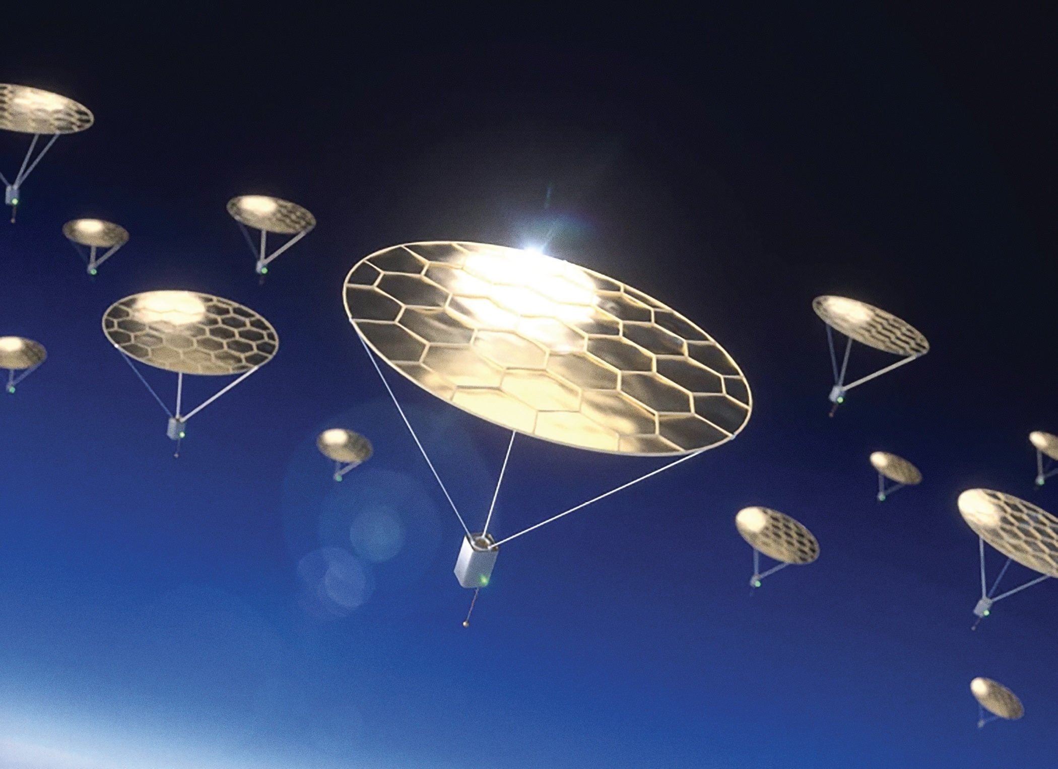 帶你高飛：光泳飛行器可在大氣中運送科學酬載，此為藝術家的想像圖。｜Source: "Photophoretic Flight of Perforated Structures in Near-Space Conditions," by Benjamin C. Schafer et al., inNature, Vol. 644; August 14, 2025