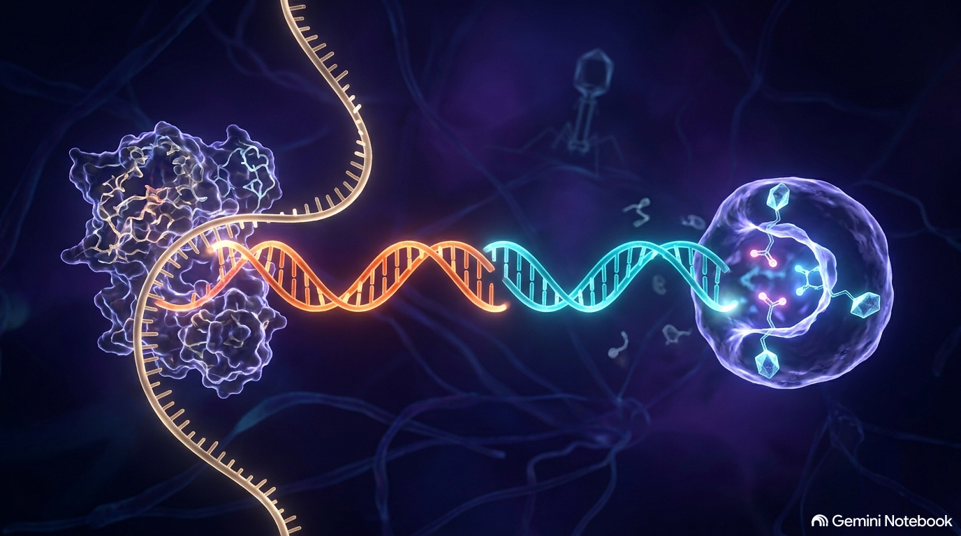 圖片來源：gemini一句論文內容生成示意，左半部為傳統的 RNA 反轉錄過程，右半部為劃時代的蛋白質DNA合成模板（Drt3b 亞基）